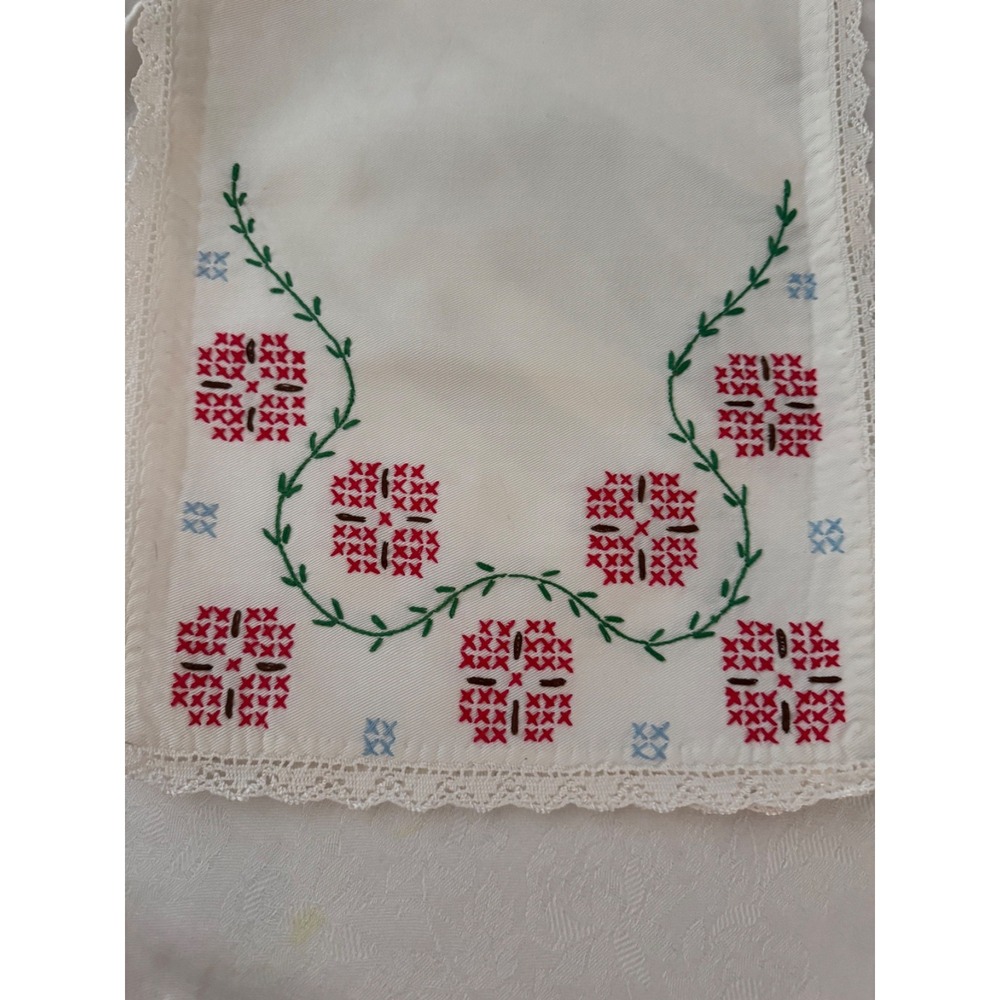 Handmade Floral Cross Stitch Table Runner‎ Crochet Lace Trim White Linen Vintage